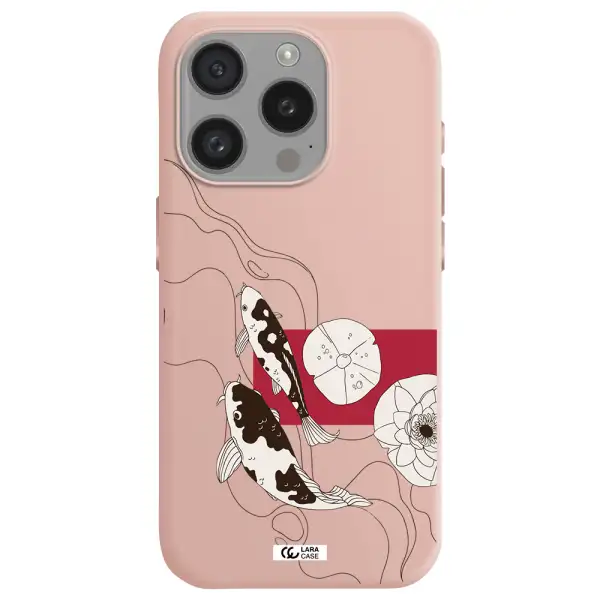 A Black And White Illustration Of Fish And Flowers Apple Iphone 15 Pro Silicone Pastel Pink Case