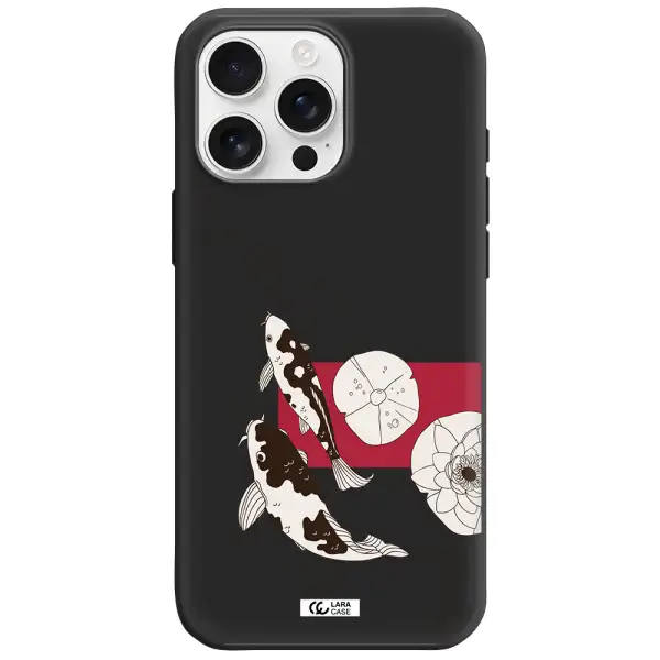 A Black And White Illustration Of Fish And Flowers Apple Iphone 16 Pro Max Silicone Black Case