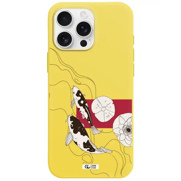 A Black And White Illustration Of Fish And Flowers Apple Iphone 16 Pro Max Silicone Canary Yellow Case