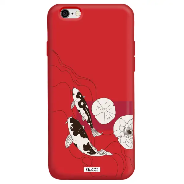 a black and white illustration of fish and flowers Apple iPhone 6 Silicone Imperial Red Case