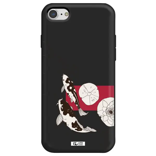 a black and white illustration of fish and flowers Apple iPhone 7 Silicone black Case