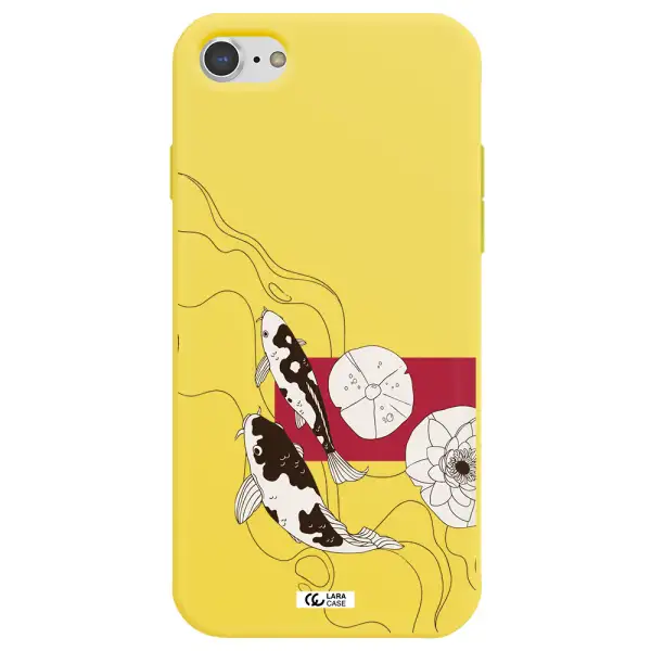 a black and white illustration of fish and flowers Apple iPhone 7 Silicone canary yellow Case