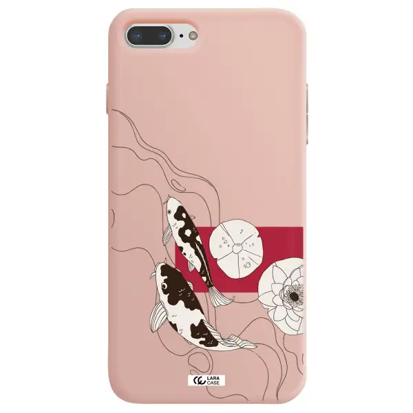 a black and white illustration of fish and flowers Apple iPhone 8 plus Silicone pastel pink Case
