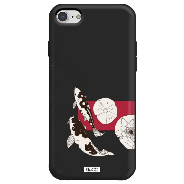 a black and white illustration of fish and flowers Apple iPhone 8 Silicone black Case