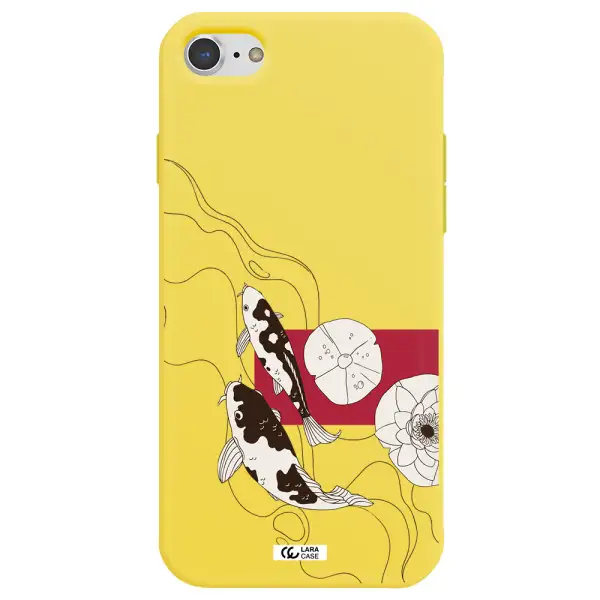 a black and white illustration of fish and flowers Apple iPhone 8 Silicone canary yellow Case