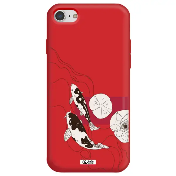 a black and white illustration of fish and flowers Apple iPhone 8 Silicone Imperial Red Case