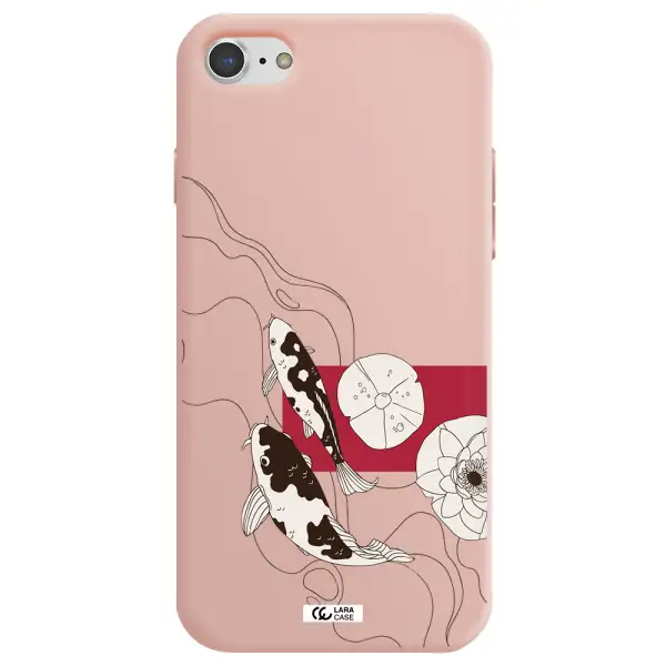 a black and white illustration of fish and flowers Apple iPhone 8 Silicone pastel pink Case
