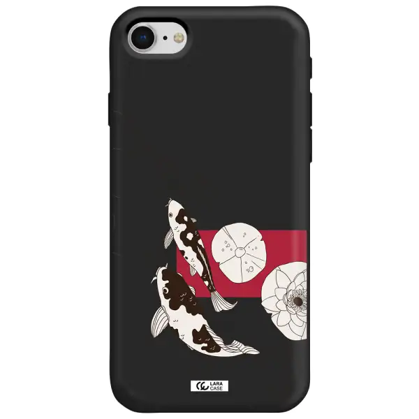 a black and white illustration of fish and flowers Apple iPhone se 2020 Silicone black Case