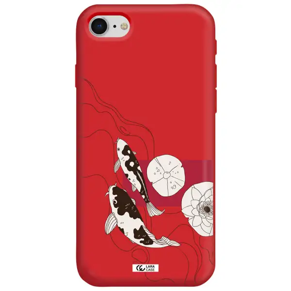 a black and white illustration of fish and flowers Apple iPhone se 2020 Silicone Imperial Red Case
