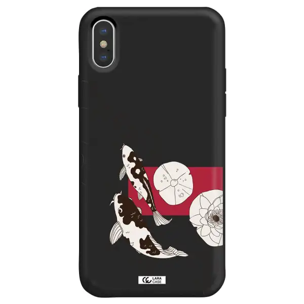 a black and white illustration of fish and flowers Apple iPhone X Silicone black Case