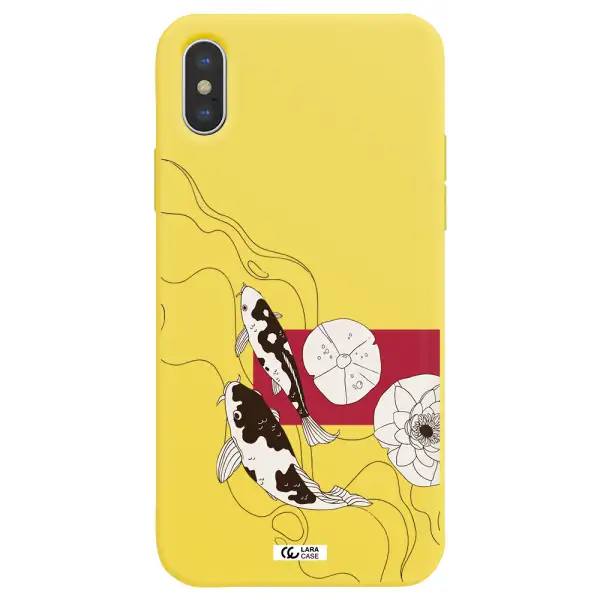 a black and white illustration of fish and flowers Apple iPhone XS max Silicone canary yellow Case