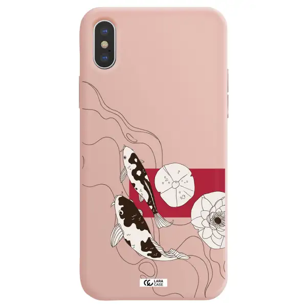 a black and white illustration of fish and flowers Apple iPhone XS Silicone pastel pink Case
