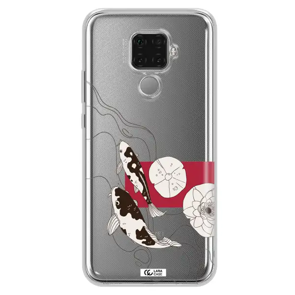 a black and white illustration of fish and flowers Huawei Mate 30 Lite Clear TPU Case