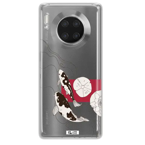 a black and white illustration of fish and flowers Huawei Mate 30 Pro Clear TPU Case