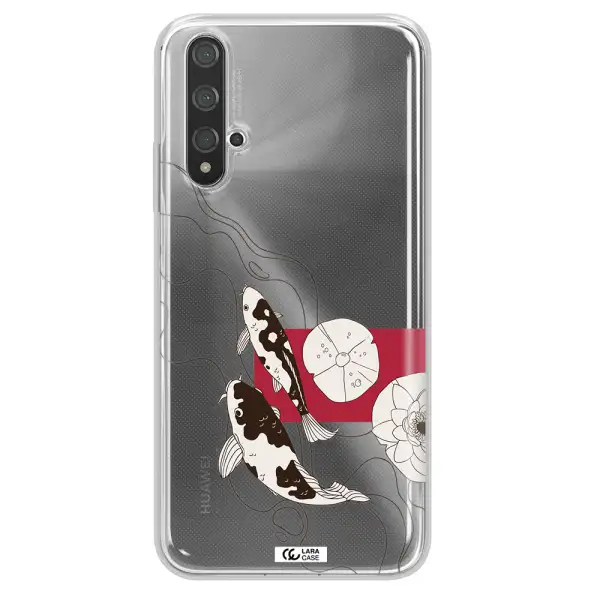 a black and white illustration of fish and flowers Huawei Nova 5t Clear TPU Case