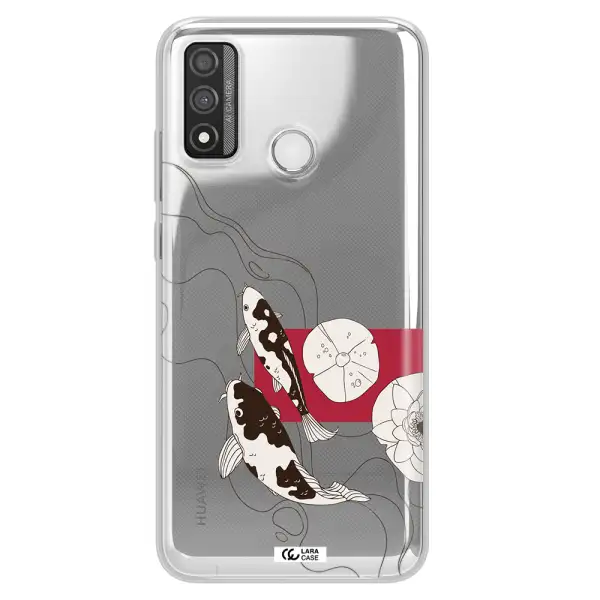 a black and white illustration of fish and flowers Huawei P Smart 2020 Clear TPU Case