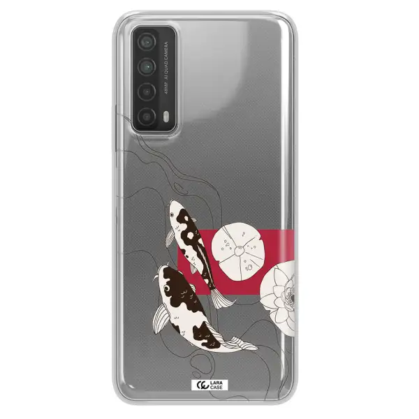 a black and white illustration of fish and flowers Huawei P Smart 2021 Clear TPU Case