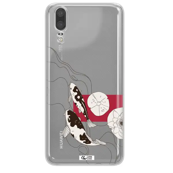 a black and white illustration of fish and flowers Huawei P20 Clear TPU Case