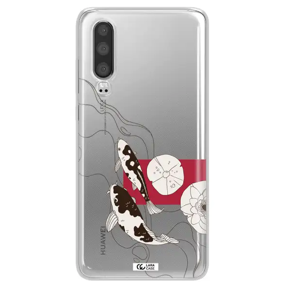 a black and white illustration of fish and flowers Huawei P30 Clear TPU Case