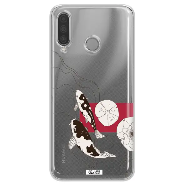 a black and white illustration of fish and flowers Huawei P30 Lite Clear TPU Case