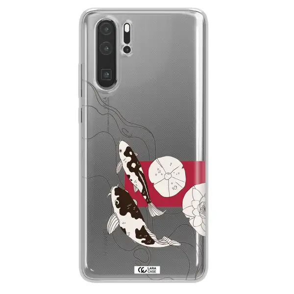 a black and white illustration of fish and flowers Huawei P30 Pro Clear TPU Case