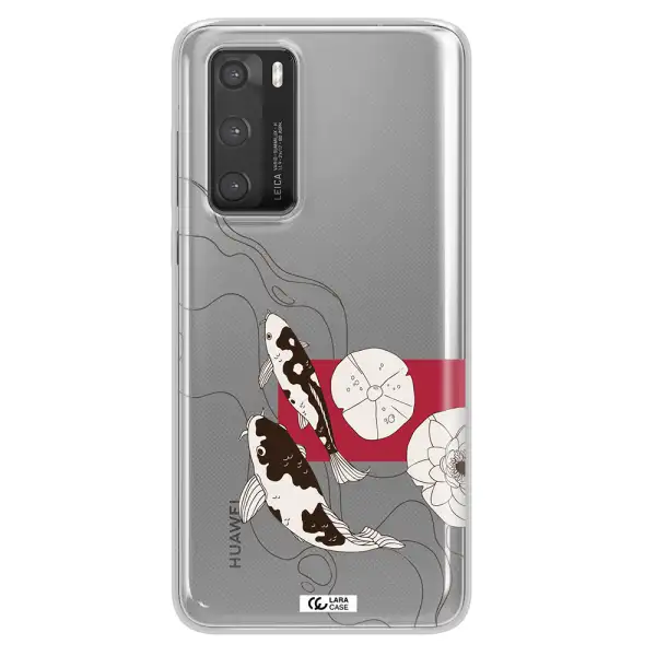 a black and white illustration of fish and flowers Huawei P40 Clear TPU Case
