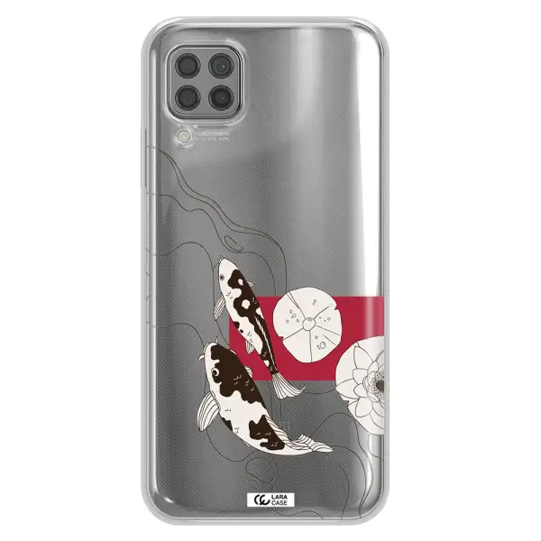 a black and white illustration of fish and flowers Huawei P40 Lite Clear TPU Case