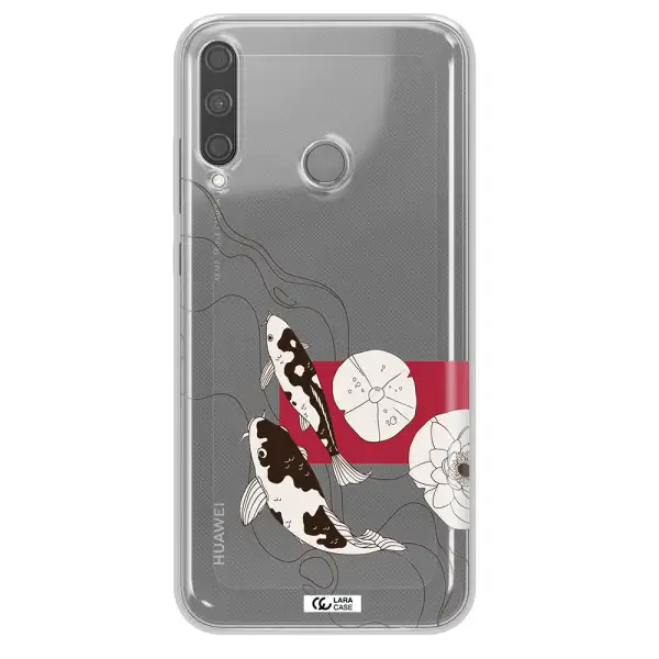 a black and white illustration of fish and flowers Huawei P40 Lite E Clear TPU Case