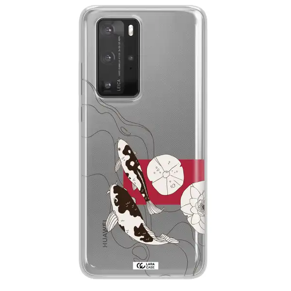 a black and white illustration of fish and flowers Huawei P40 Pro Clear TPU Case