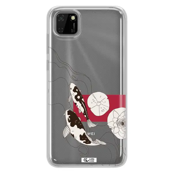 a black and white illustration of fish and flowers Huawei Y5P Clear TPU Case