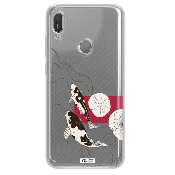 a black and white illustration of fish and flowers Huawei Y6 2019 Clear TPU Case