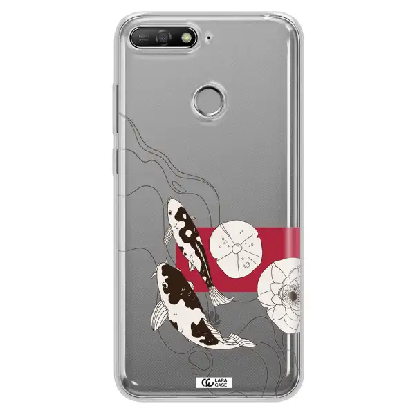 a black and white illustration of fish and flowers Huawei Y6 Prime 2018 Clear TPU Case