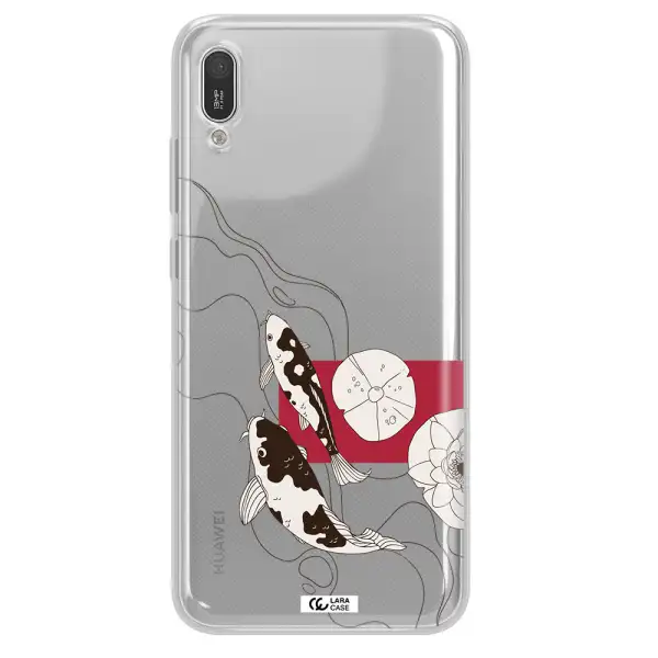 a black and white illustration of fish and flowers Huawei Y6 Pro 2019 Clear TPU Case