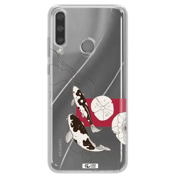 a black and white illustration of fish and flowers Huawei Y6P Clear TPU Case