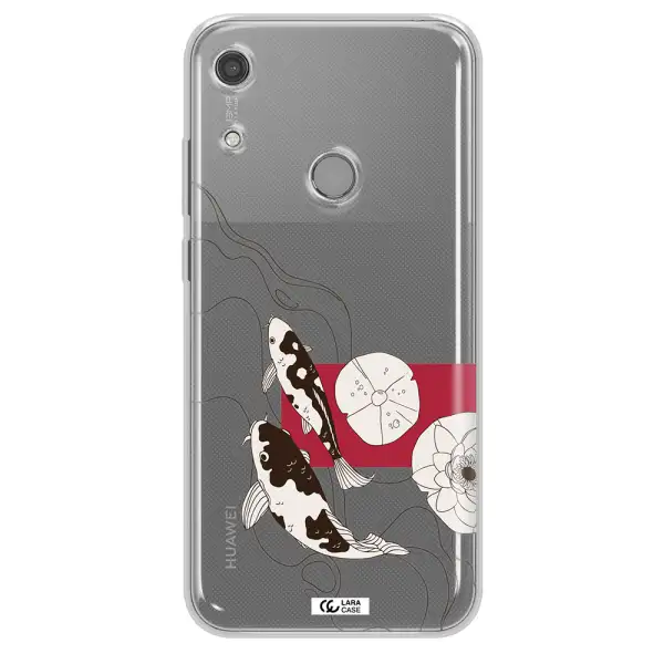 a black and white illustration of fish and flowers Huawei Y6S Clear TPU Case