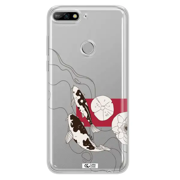 a black and white illustration of fish and flowers Huawei Y7 2018 Clear TPU Case