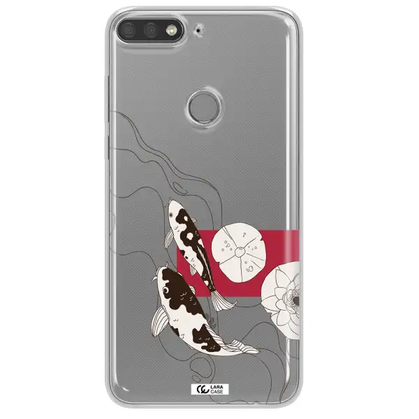 a black and white illustration of fish and flowers Huawei Y7 Prime 2018 Clear TPU Case