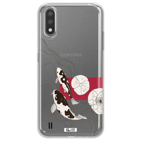 a black and white illustration of fish and flowers Samsung A01 Clear TPU Case