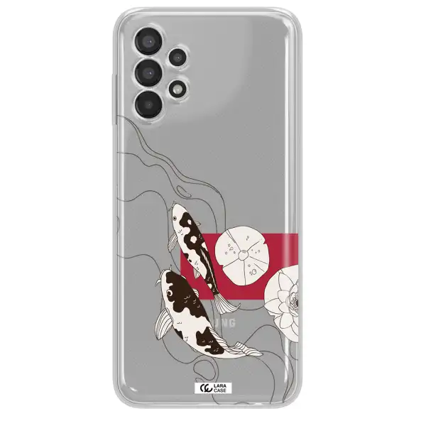 a black and white illustration of fish and flowers Samsung A13 Clear TPU Case