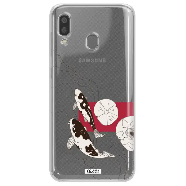 a black and white illustration of fish and flowers Samsung A20 Clear TPU Case