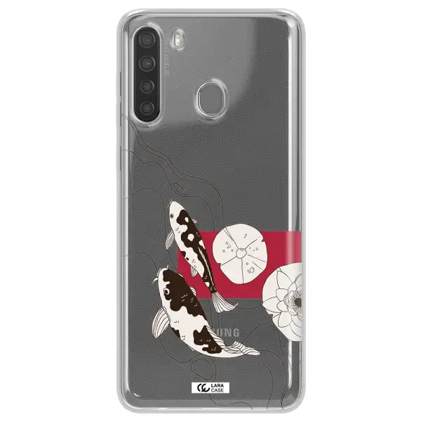a black and white illustration of fish and flowers Samsung A21 Clear TPU Case