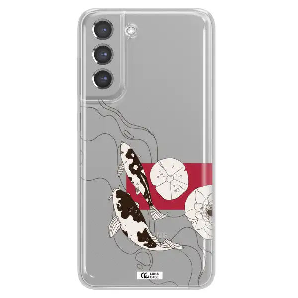 a black and white illustration of fish and flowers Samsung A21 Fe Clear TPU Case