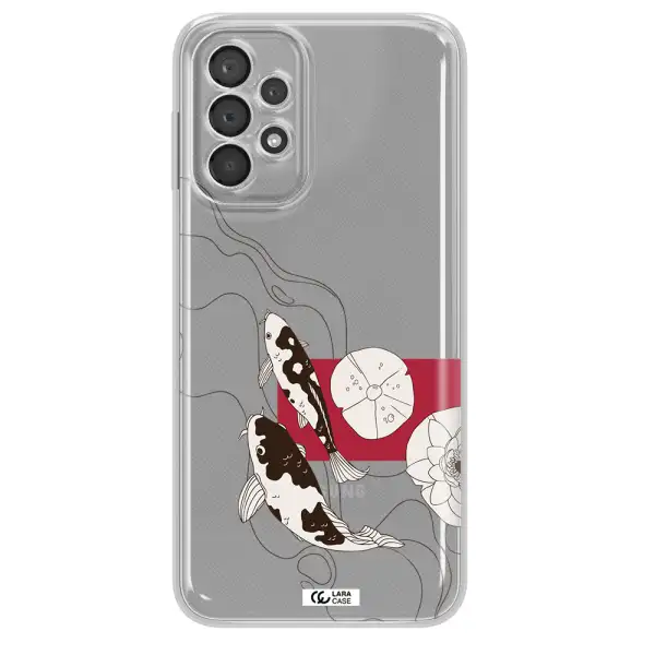 A Black And White Illustration Of Fish And Flowers Samsung A23 5G Clear Tpu Case