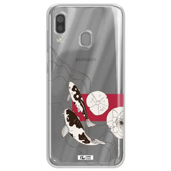a black and white illustration of fish and flowers Samsung A30 Clear TPU Case