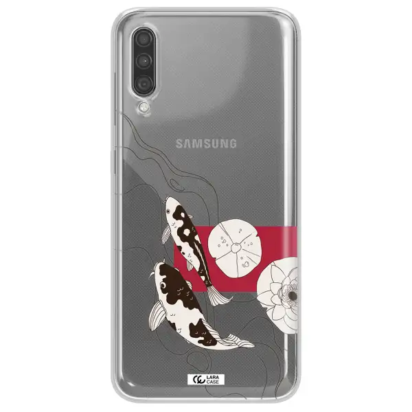 a black and white illustration of fish and flowers Samsung A30S Clear TPU Case