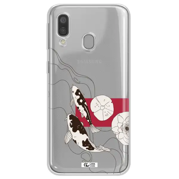a black and white illustration of fish and flowers Samsung A40 Clear TPU Case