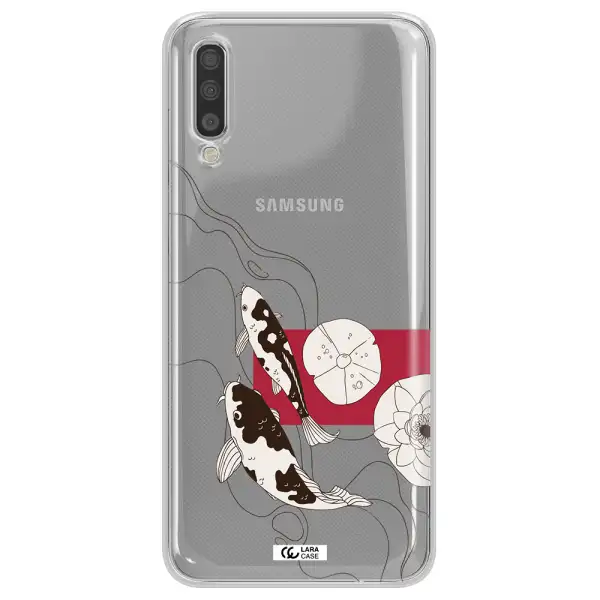 A Black And White Illustration Of Fish And Flowers Samsung A70S Clear Tpu Case