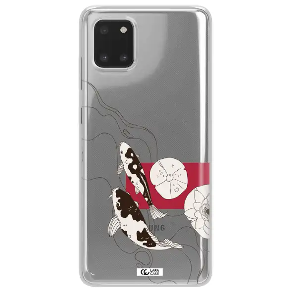 a black and white illustration of fish and flowers Samsung A81 Clear TPU Case