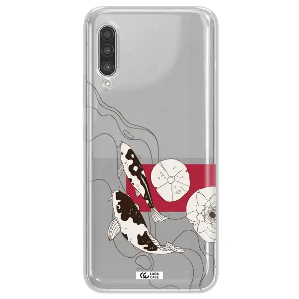 a black and white illustration of fish and flowers Samsung A90 Clear TPU Case
