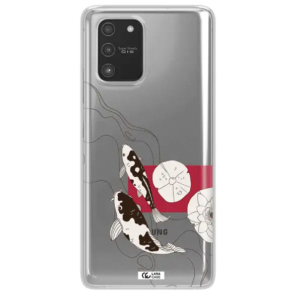 a black and white illustration of fish and flowers Samsung A91 Clear TPU Case